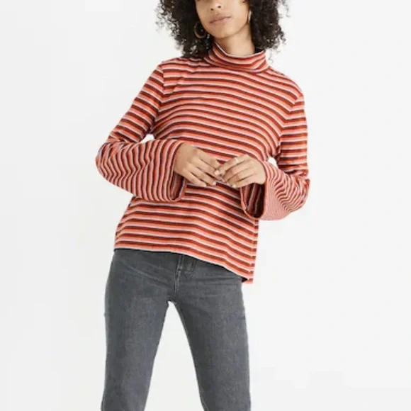 Madewell Wide-Sleeve Turtleneck Westwater Stripe Burnished Mahogany Large - Picture 2 of 12